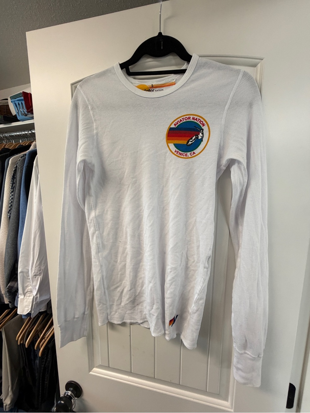 Aviator Nation White Long Sleeve Thermal with Rainbow Chest Patch